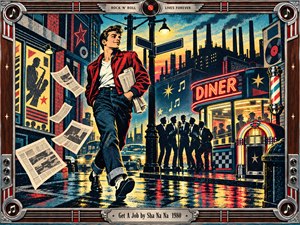 A confident young man strides through a rain-slicked 1950s city, clutching newspapers as neon diner lights and factory smokestacks frame the scene. Bold red, blue, black, and gold tones create energetic contrast, while dramatic street lighting, vintage print textures, jukebox details, and silhouetted singers evoke playful rock-and-roll determination.