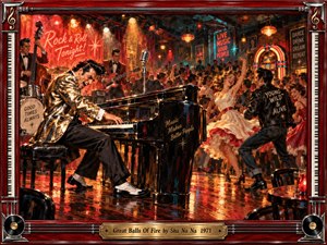 A fiery rock and roll club erupts with energy as a pianist pounds the keys beside swinging dancers and a cheering crowd. Rich reds, golds, blacks, and teal highlights glow beneath dramatic stage lights. Painterly reflections, chrome details, neon signs, vintage clothing, and a musical frame create exuberant retro atmosphere.