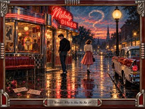 A nostalgic oil painting shows two young figures drifting apart outside a glowing 1950s diner on a rain-slicked street. Neon reds, warm gold light, deep blues, vintage cars, scattered dance tickets, and shimmering reflections create a wistful romantic mood, framed by polished wood, chrome, musical details, and a question-shaped cloud.