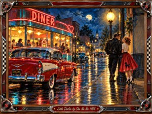 A nostalgic rainy night glows outside a neon diner, where a polished red classic car and a young couple evoke romantic 1950s rock and roll. Golden streetlamps, moonlight, wet pavement reflections, and saturated reds and blues create cinematic warmth. The detailed painted scene is enclosed by a music-inspired retro frame.