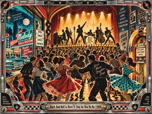 A jubilant 1950s-style ballroom erupts with dancing couples beneath a blazing stage of silhouetted musicians. Neon signs, chrome details, jukebox imagery, and saturated red, turquoise, gold, and black create nostalgic energy. Dramatic spotlights and graphic poster textures celebrate youthful movement, communal joy, and rock and rolls enduring spirit.