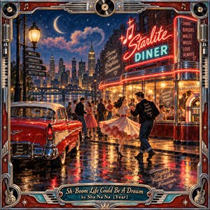 A radiant 1950s diner scene glows beneath a crescent moon as young couples dance beside a gleaming classic car. Neon reds, turquoise, gold, and midnight blue shimmer across rain-slick pavement. Rich painterly detail, chrome ornament, jukebox motifs, city lights, and romantic movement create a joyful, nostalgic dreamscape.