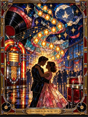 A young couple dances beneath glowing candle-like lights in a nostalgic 1950s ballroom, surrounded by a jukebox, vinyl records, stars, and sweeping musical motifs. Rich ruby, gold, blue, and pink stained glass creates a warm romantic glow, blending youthful tenderness, celebration, memory, and dreamy rock-and-roll elegance.