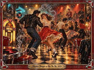 A jubilant 1950s-style dance hall erupts with rock-and-roll energy as couples twist across a glossy checkerboard floor beneath glowing amber and red stage lights. Leather jackets, swirling skirts, chrome diner details, smoky air, neon accents, and a lively band create a nostalgic, cinematic painting filled with motion and warmth.