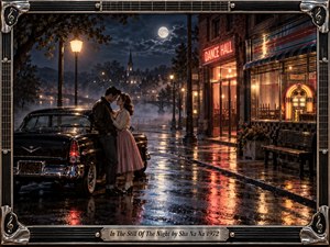 A young couple embraces beside a gleaming vintage car on a rain-soaked street beneath a bright moon. Warm streetlamps, neon reflections, and a glowing jukebox contrast with the cool blue night. The nostalgic, cinematic scene blends romance, stillness, and 1950s atmosphere, framed by polished musical hardware and elegant decorative details.