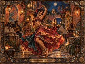 A vibrant dancer spins through a moonlit courtyard alive with musicians, lanterns, flowers, and warm Mediterranean architecture. Fiery reds, turquoise, gold, and deep blue create a sensual, celebratory mood. Rich painterly textures, glowing reflections, intricate fabrics, and an ornate handcrafted frame emphasize rhythm, movement, romance, and festive nighttime energy.