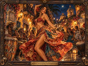 A vibrant dancer commands a moonlit Latin street celebration, surrounded by drummers, glowing lanterns, tiled walls, flowers, and cheering revelers. Fiery reds, turquoise, gold, and deep blue create a sensual, energetic mood. Rich painterly textures, sweeping fabric, warm reflections, and an ornate carved frame heighten the handcrafted theatrical atmosphere.