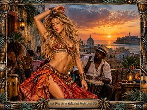 A vibrant rooftop celebration unfolds above a tropical coastal city at sunset, centered on a flowing dancer and hand-drum musician. Fiery reds, golds, turquoise, and warm amber light create a sensual, rhythmic mood. Intricate textiles, jewelry, percussion, palms, lanterns, and ornate framing give the richly detailed scene a handcrafted, cinematic character.