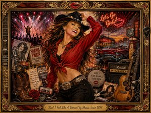 A radiant country-pop performer in a red blouse and black cowboy hat commands a richly textured stage collage, surrounded by guitars, boots, records, neon signs, concert lights, and vintage roadside imagery. Warm reds, golds, and amber highlights create a joyful, rebellious mood within an ornate rosewood-and-gold frame.