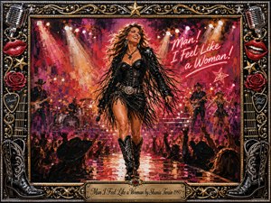 A confident country-pop performer strides across a glowing concert stage, surrounded by cheering silhouettes, musicians, and radiant spotlights. Rich reds, pinks, golds, and blacks create a bold, celebratory mood. Expressive painted textures add movement, while an ornate chrome-and-gold frame features roses, microphones, cowboy boots, stars, and a centered engraved title plate.