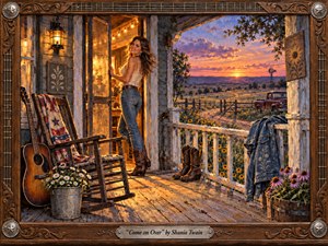 A warmly lit country porch opens onto a sweeping prairie sunset, where a smiling woman stands in the doorway beside a rocking chair, acoustic guitar, wildflowers, boots, and a draped denim jacket. Rich amber, coral, violet, and denim tones, textured painterly brushwork, weathered wood, and the ornate western frame create an inviting, nostalgic mood.