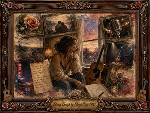 A contemplative woman sits beside an acoustic guitar in a softly lit room, surrounded by faded framed memories of roses, roads, neon signs, music, and companionship. Warm sepia, amber, dusty rose, and smoky blue tones create a wistful mood, while layered oil, acrylic, and watercolor textures enhance the nostalgic collage atmosphere.