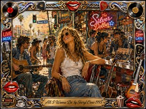 A carefree woman lounges outside a lively Sunset Boulevard bar, surrounded by musicians, friends, guitars, neon signs, and diner details. Warm golden sunlight, vivid reds, blues, chrome, and amber create a joyful, nostalgic mood. Expressive painterly textures frame the energetic scene, while ornate rock-and-roll motifs add playful vintage character.