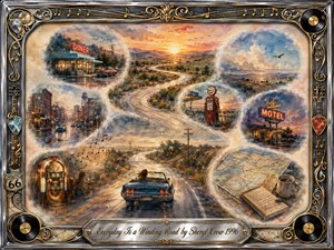 A nostalgic watercolor road-trip collage follows a winding highway through sunlit countryside, small-town streets, a diner, gas station, motel, and open skies. Warm gold, dusty blue, and muted earth tones create an adventurous, reflective mood. A convertible, jukebox, road map, and ornate chrome-and-gold musical frame enrich the vintage Americana atmosphere.