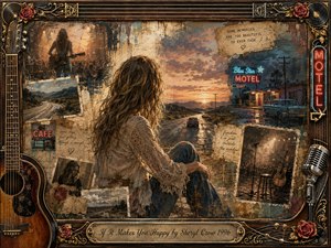 A reflective woman sits against a weathered collage of open highways, motel neon, faded photographs, and empty stage imagery, suggesting restless independence and bittersweet memory. Warm amber sunsets contrast with cool blue shadows and glowing signs. Painterly textures, distressed paper, roses, guitars, records, strings, and ornate gold framing create a nostalgic rock-and-road atmosphere.