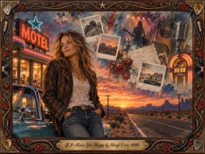 A thoughtful woman leans beside a vintage teal convertible near a glowing roadside motel at sunset, surrounded by faded Polaroids, roses, a guitar, microphone, and jukebox memories. Warm amber, dusty rose, teal, and smoky blue tones create a wistful, resilient mood in a richly textured oil, acrylic, and watercolor collage framed with ornate musical details.