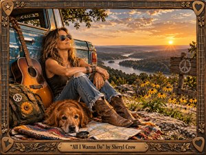 A free-spirited woman rests beside a weathered blue pickup and acoustic guitar on a rocky overlook at sunset. Golden light washes across wildflowers, forested hills, and a winding river, creating a warm, carefree mood. A relaxed dog, travel map, rugged boots, and rustic guitar-string frame enrich the nostalgic, photorealistic composition.