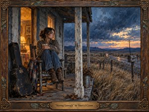 A solitary woman sits curled on a weathered porch at twilight, holding a cup beside a worn guitar case. Warm amber light spills from the cabin against stormy blue-gray skies, distant hills, and a wet winding road. Textured oil-and-encaustic brushwork, rustic wood, grasses, and an ornate guitar-themed frame create reflective, resilient melancholy.
