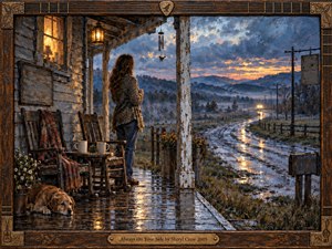 A woman stands on a rain-soaked farmhouse porch at twilight, watching distant headlights follow a winding country road. Warm window light contrasts with cool blue storm clouds, wet reflections, weathered wood, rocking chairs, and a resting dog. Painterly textures and muted autumn colors create a tender, reflective mood.