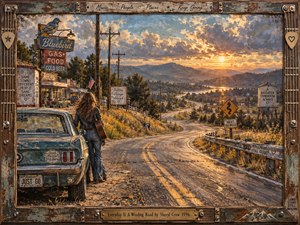 A lone traveler pauses beside a weathered teal car as a winding road descends through a glowing rural valley at sunset. Golden light, stormy blue clouds, wild grasses, faded roadside signs, and distant water create a hopeful, reflective mood. Textured mixed-media brushwork and a rustic guitar-themed frame reinforce the nostalgic Americana atmosphere.