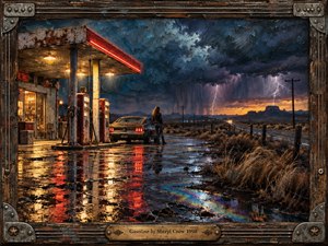 A lone woman stands beside a vintage car at a rain-soaked roadside gas station beneath a violent twilight storm. Warm amber lights and red neon reflect across wet pavement, contrasting with deep blue clouds, lightning, desert scrub, and distant mesas. Thick painterly textures create a restless, cinematic, road-worn atmosphere.