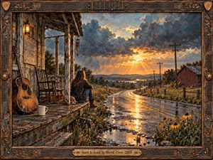 A weathered country porch overlooks a rain-washed road glowing beneath a dramatic golden sunset. A seated woman, resting dog, worn guitar, lantern, wildflowers, barns, and telephone poles create a reflective rural mood. Rich amber light breaks through storm clouds, balancing hardship with warmth, resilience, and quiet hope.