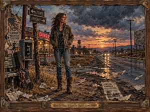 A weathered woman stands beside a roadside diner at stormy dusk, surrounded by cracked pavement, telephone poles, faded signs, and windblown papers. Warm sunset light breaks through dark clouds, reflecting on the wet highway. Rich oil-painted textures, earthy browns, amber highlights, and a rugged metal-and-wood frame create a defiant, contemplative Americana mood.