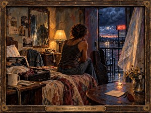 A solitary woman sits on a rumpled motel bed beside an open doorway, watching rain glaze the road outside. Warm amber lamplight contrasts with cool stormy blues, creating a tense, reflective mood. Painterly textures, a guitar case, telephone, scattered belongings, flowers, and an ornate music-themed frame deepen the weary atmosphere.