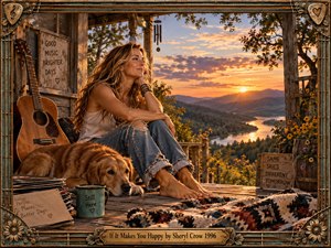 A barefoot woman rests beside a golden retriever on a weathered wooden porch overlooking a winding river and distant mountains at sunset. Warm amber light, rustic guitar details, wildflowers, records, and handmade objects create a reflective, hopeful mood. Rich textures and an ornate musical frame give the scene a nostalgic handcrafted realism.