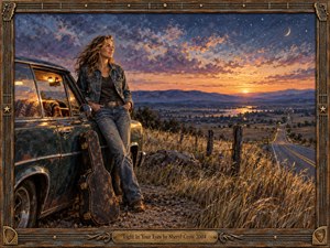 A reflective woman leans against a weathered vintage car beside a guitar case, overlooking a glowing valley at sunset. Golden grasses, a winding road, distant hills, and a crescent moon create a wistful, hopeful mood. Rich painterly textures, warm amber light, and a rustic guitar themed frame complete the scene.