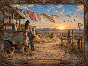 A woman stands beside a weathered turquoise pickup on a dusty country road at sunset, gazing across an open desert valley. Warm gold, rust, and faded blue tones create a free-spirited, nostalgic mood. Quilts flutter overhead, birds cross the glowing sky, and handcrafted wood, metal, and guitar details frame the rustic scene.