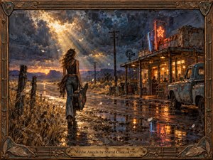 A lone woman carrying a guitar walks along a rain-darkened desert road toward a weathered roadside diner beneath a turbulent twilight sky. Golden light breaks through storm clouds, reflecting across puddles and rusted surfaces. The richly textured painting blends Americana melancholy, spiritual uncertainty, warm neon, distant mountains, and quiet hope.
