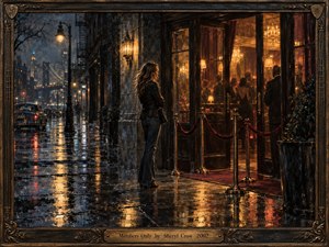 A solitary woman stands outside an exclusive city club on a rain-soaked night, framed by cool blue-gray streets and warm amber interior light. Velvet ropes, polished brass, glowing windows, wet reflections, and distant skyline lights create a mood of longing, separation, and faded glamour in a richly textured cinematic painting.