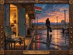 A woman carrying a guitar case walks away from a weathered roadside motel after rain, framed by a glowing sunset and distant mountains. Warm amber room light contrasts with cool blue pavement, neon reflections, and fading storm clouds. Painterly textures, rustic details, and the ornate wooden frame deepen the bittersweet mood.