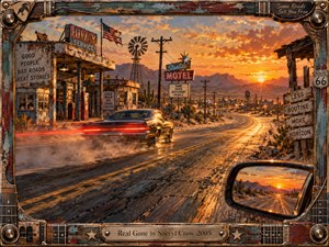 A speeding black car tears down a sunlit desert highway past a weathered service station, motel signs, windmill, and distant mountains. Fiery orange sunset light reflects across cracked asphalt, dust, and faded roadside textures. A rugged guitar-themed frame and rearview mirror reinforce the restless, rebellious road-trip atmosphere.