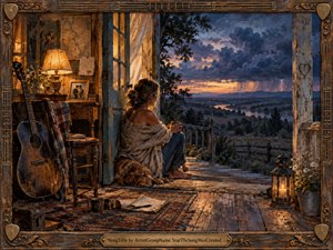 A barefoot woman sits quietly on a weathered porch beside her sleeping dog and battered acoustic guitar, gazing toward a storm-darkened sunset. Warm lamplight contrasts with blue-violet clouds, distant lightning, and fading amber sky. Rich painterly textures, rustic wood, wildflowers, and intimate domestic details create a reflective, romantic mood.