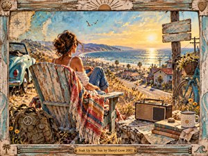 A woman relaxes in a weathered chair above a glowing coastal town, surrounded by a vintage car, bicycle, radio, maps, and wildflowers. Warm golden sunlight floods the ocean and hills, creating a carefree, nostalgic mood. Rustic textures, turquoise accents, and handcrafted details frame the serene seaside escape.