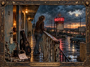 A lone woman stands on a rain-soaked motel balcony at dusk, gazing toward a stormy highway and glowing neon sign. Rusted railings, wet pavement, a worn guitar case, and scattered belongings deepen the weary mood. Warm amber lights contrast with blue-gray clouds, creating a cinematic, weathered Americana atmosphere.