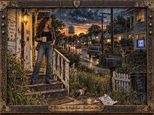 A defiant woman stands on a weathered porch overlooking a restless suburban street at stormy sunset. Warm amber lamps glow against deep blue-gray clouds, wet pavement, peeling wood, weeds, cars, fences, and small signs of social friction. Textured mixed-media brushwork and a distressed guitar-inspired frame create gritty late-1990s Americana.