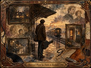 A solitary traveler with a guitar case waits on a rain-slicked railway platform at sunset, surrounded by faded memories of home, family, and quiet streets. Warm amber, sepia, and smoky blue tones create a wistful mood. Painterly oil and watercolor textures blend into an ornate musical frame of wood, brass, strings, and keepsakes.