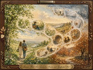 A young couple follows a sunlit country path through spring greenery as feathered memory bubbles curve toward autumn and winter, symbolizing passing time. Warm greens, golds, russets, and cool blue-grays glow in soft natural light. Watercolor and gouache textures, falling leaves, flowers, guitar imagery, and an ornate wooden frame create wistful nostalgia.