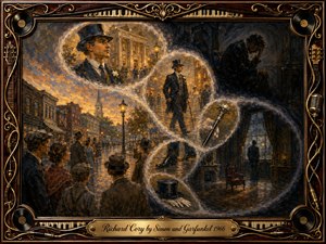 A richly textured, sepia-toned painting contrasts public admiration with private loneliness. Elegant figures, grand architecture, and glowing streetlights flow through dreamlike circular memories toward a dark solitary room. Warm gold, bronze, and charcoal tones heighten the melancholy, while ornate musical framing and an engraved title plate complete the dramatic composition.