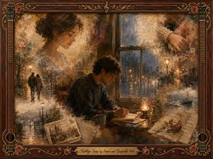 A wistful young man writes beside a rain-streaked window, surrounded by fading visions of a beloved woman, shared walks, clasped hands, distant streets, and handwritten music. Warm amber lamplight contrasts with cool rainy blues, while textured painterly brushwork, roses, sheet music, and an ornate rosewood-and-gold frame deepen the nostalgic romance.