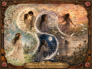 A romantic watercolor timeline follows a young woman from blossoming April through fading August, linked by luminous feathered bubbles in a graceful S-curve. Pastel greens, pinks, golds, violets, and dusky browns shift with the seasons. Soft, nostalgic lighting, drifting feathers, roses, guitars, and an ornate gold-inlaid wooden frame deepen the wistful mood.