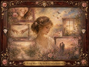 A luminous young woman emerges from a nostalgic collage of rosewood-framed memories, surrounded by roses, distant lovers, reaching hands, and a sunlit window. Warm gold, blush, cream, and amber tones create a tender dreamlike mood. Soft painterly textures blend oil, acrylic, and watercolor beneath ornate musical detailing and an engraved title plate.