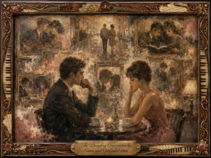 A pensive 1960s couple sits across a cafe table, surrounded by softly fading framed memories of happier moments. Warm sepia, dusty rose, gold, and smoky blue tones glow under gentle lamplight. Layered oil, acrylic, and watercolor textures create nostalgic melancholy, while ornate rosewood, gold, musical motifs, and an engraved title plate frame the scene.