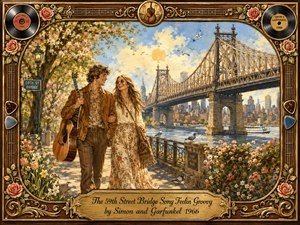 A carefree young couple strolls beside New Yorks 59th Street Bridge on a glowing spring morning, surrounded by blossoms, birds, river views, and a distant skyline. Warm gold, blue, green, and coral tones create a cheerful nostalgic mood. Painterly detail, an acoustic guitar, ornate musical framing, and roses evoke 1960s folk romance.
