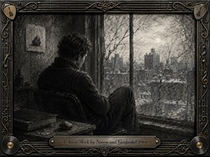 A solitary man sits beside a winter window, gazing over a snow-covered city beneath a pale moon. Deep textured charcoal creates a somber, introspective mood with smoky blacks, muted grays, and soft light. An ornate musical frame of strings, records, and gold filigree surrounds the quiet scene.