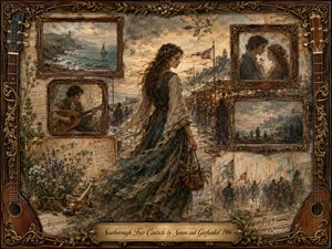 A wistful young woman crosses a bustling coastal fair, surrounded by faded rosewood-framed memories of romance, music, sea cliffs, and distant conflict. Warm sepia, muted blue, and earthy green tones glow beneath soft golden light. Painterly textures, antique sheet music, herbs, instruments, and ornate gilding create a hauntingly nostalgic atmosphere.