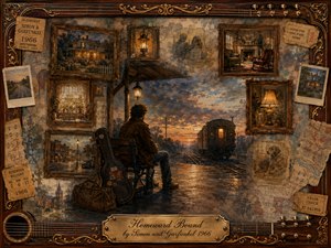 A solitary traveler waits beside railway tracks at sunset, surrounded by fading framed memories of home, lamplight, roads, and loved ones. Warm amber, sepia, and muted blue tones create a wistful, nostalgic mood. Painterly textures, weathered maps, tickets, guitar strings, and an ornate rosewood frame enrich the reflective composition.